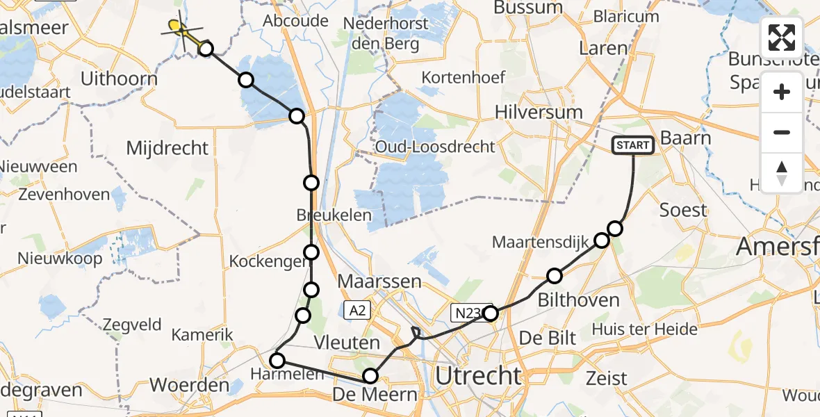 Routekaart van de vlucht: Politieheli naar Ouderkerk aan de Amstel