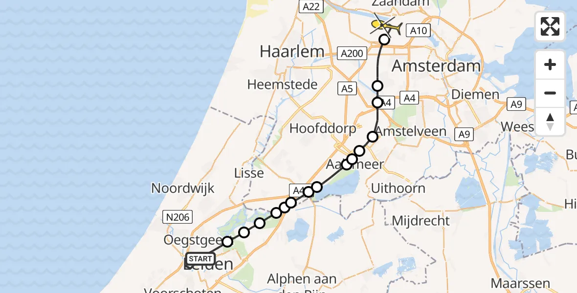 Routekaart van de vlucht: Lifeliner 1 naar Amsterdam Heliport