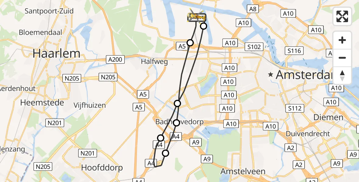 Vluchtroute Traumahelikopter Amsterdam Heliport - Amsterdam Heliport, 27 augustus 2023, 12:47