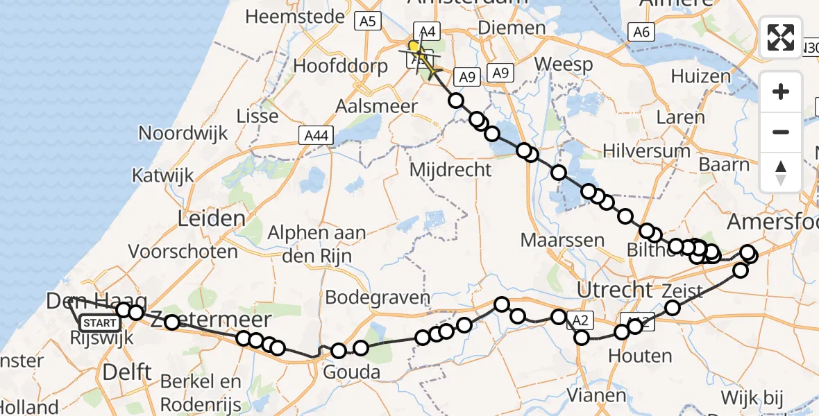 Routekaart van de vlucht: Politieheli naar Amstelveen