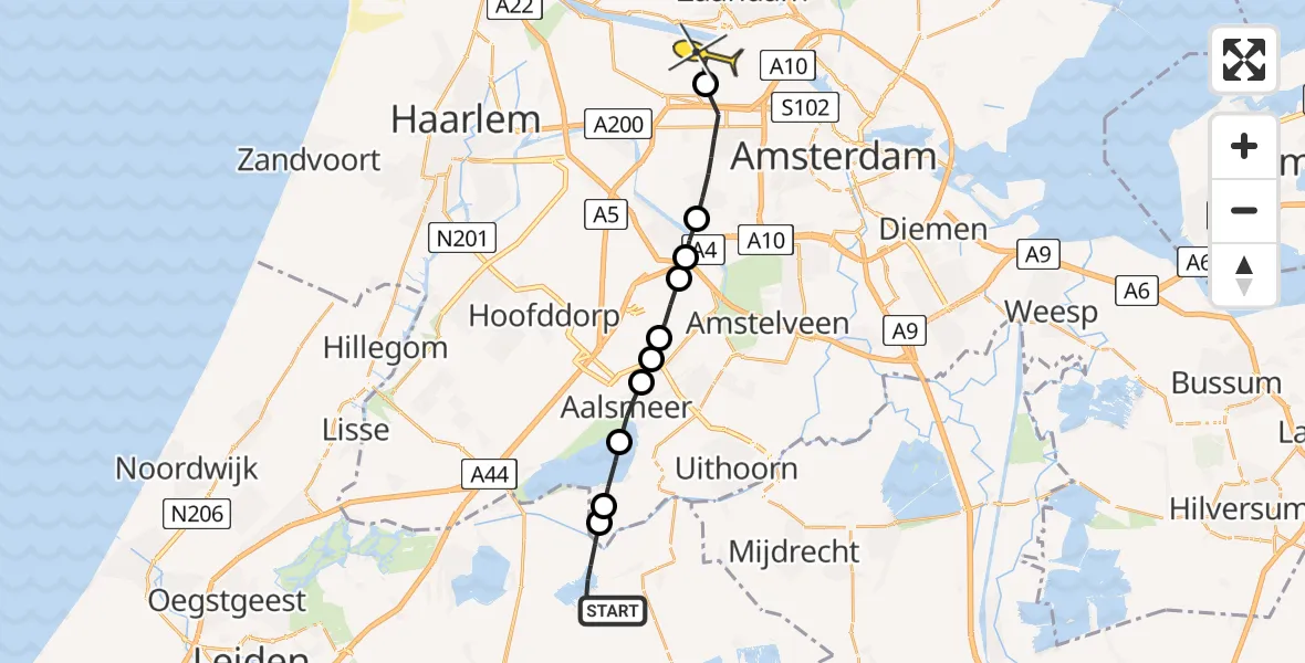 Routekaart van de vlucht: Lifeliner 1 naar Amsterdam Heliport