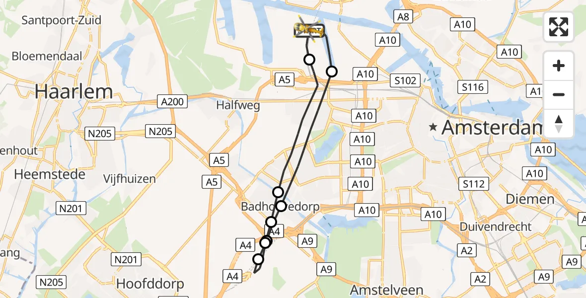 Vluchtroute Traumahelikopter Amsterdam Heliport - Amsterdam Heliport, 28 augustus 2023, 10:24