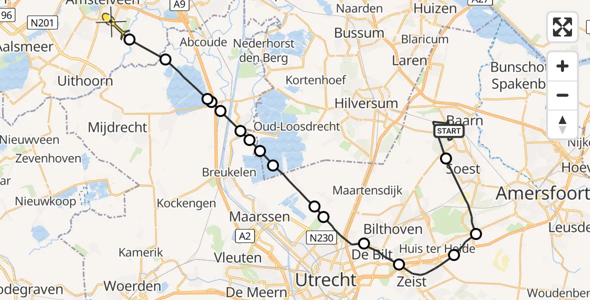 Routekaart van de vlucht: Politieheli naar Amstelveen