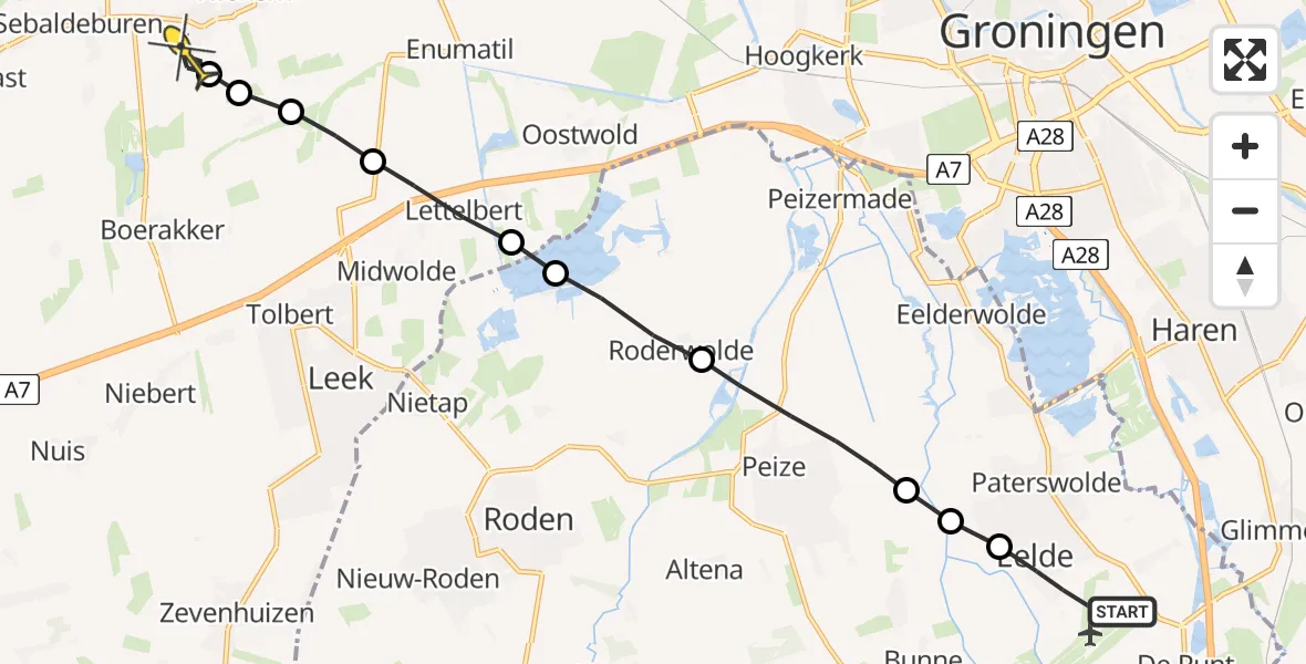 Routekaart van de vlucht: Lifeliner 4 naar Oldekerk