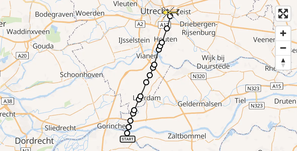 Routekaart van de vlucht: Lifeliner 3 naar Universitair Medisch Centrum Utrecht