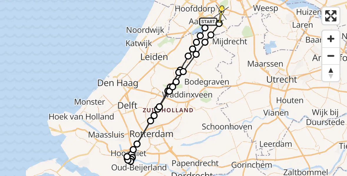 Routekaart van de vlucht: Politieheli naar Aalsmeer