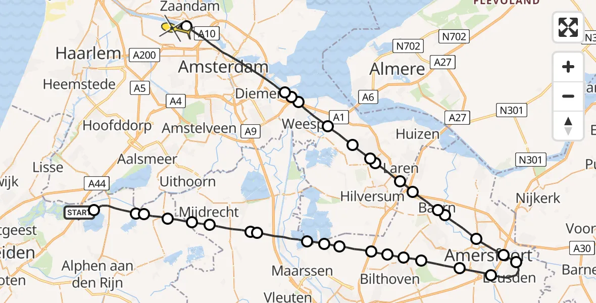 Routekaart van de vlucht: Lifeliner 1 naar Amsterdam Heliport