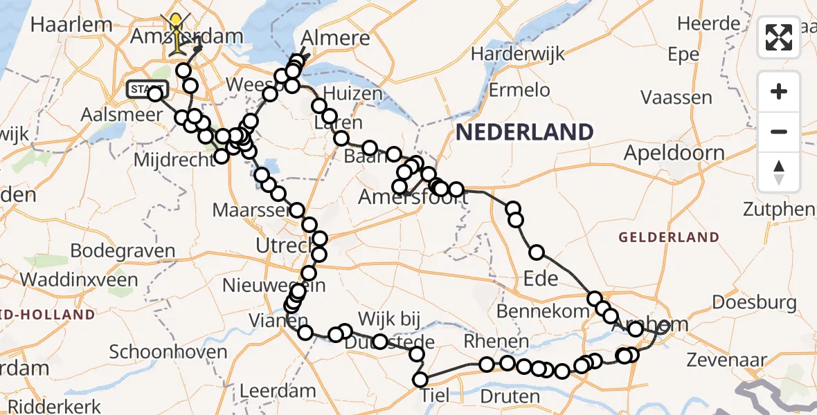 Routekaart van de vlucht: Politieheli naar Amsterdam