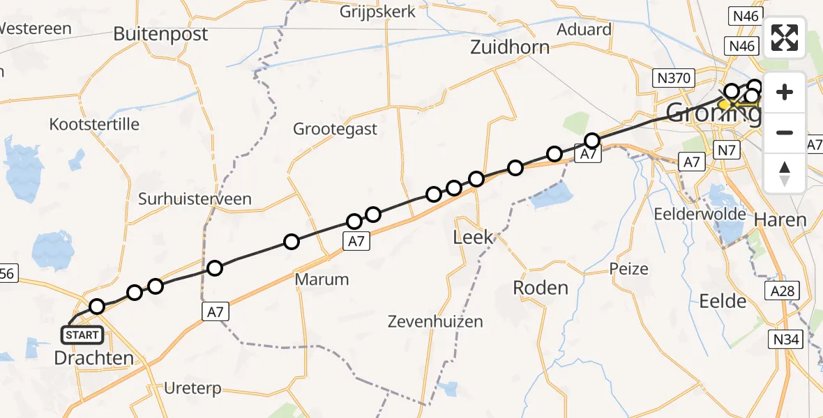 Routekaart van de vlucht: Lifeliner 4 naar Universitair Medisch Centrum Groningen