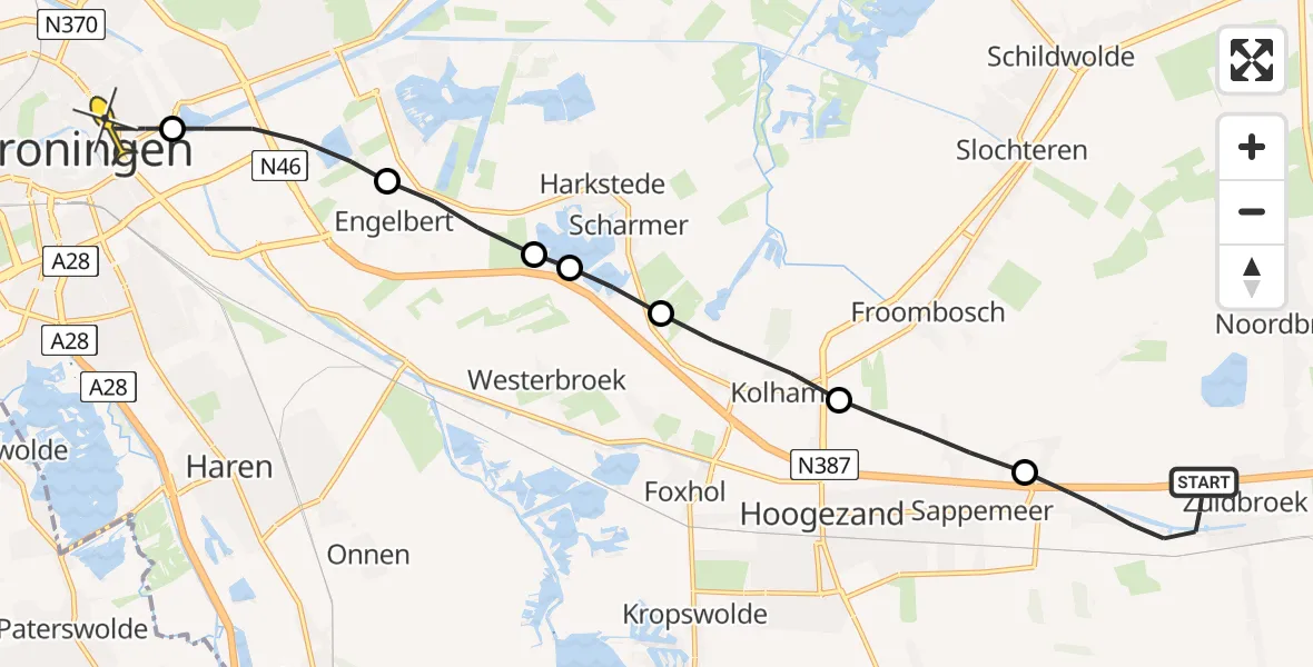 Routekaart van de vlucht: Lifeliner 4 naar Universitair Medisch Centrum Groningen