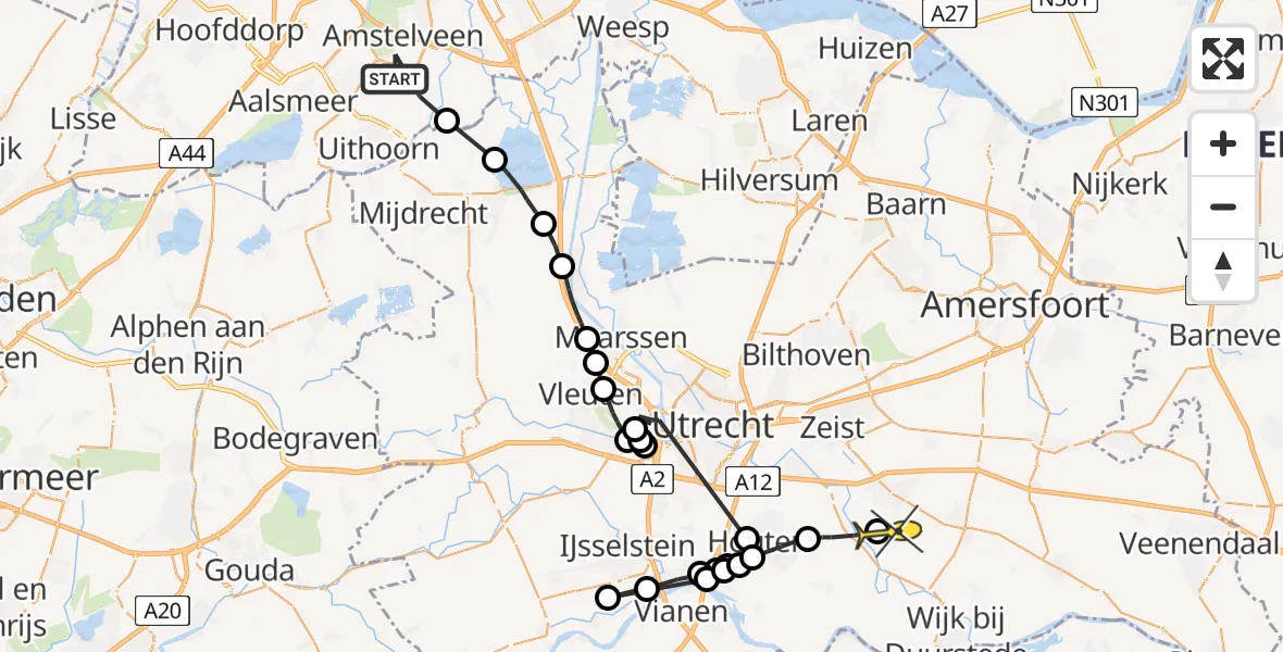 Routekaart van de vlucht: Politieheli naar Driebergen-Rijsenburg