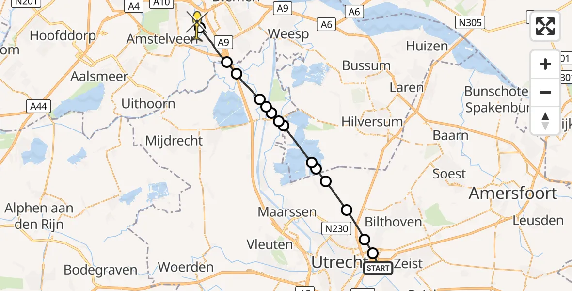 Routekaart van de vlucht: Lifeliner 1 naar Amstelveen