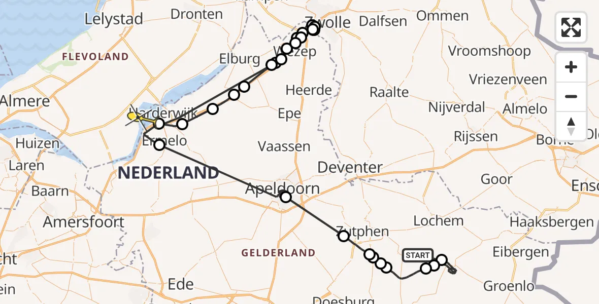 Routekaart van de vlucht: Politieheli naar Zeewolde