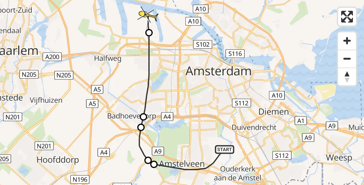 Routekaart van de vlucht: Lifeliner 1 naar Amsterdam Heliport