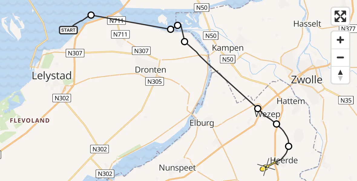 Routekaart van de vlucht: Politieheli naar Heerde