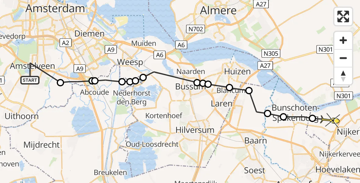 Routekaart van de vlucht: Politieheli naar Nijkerk