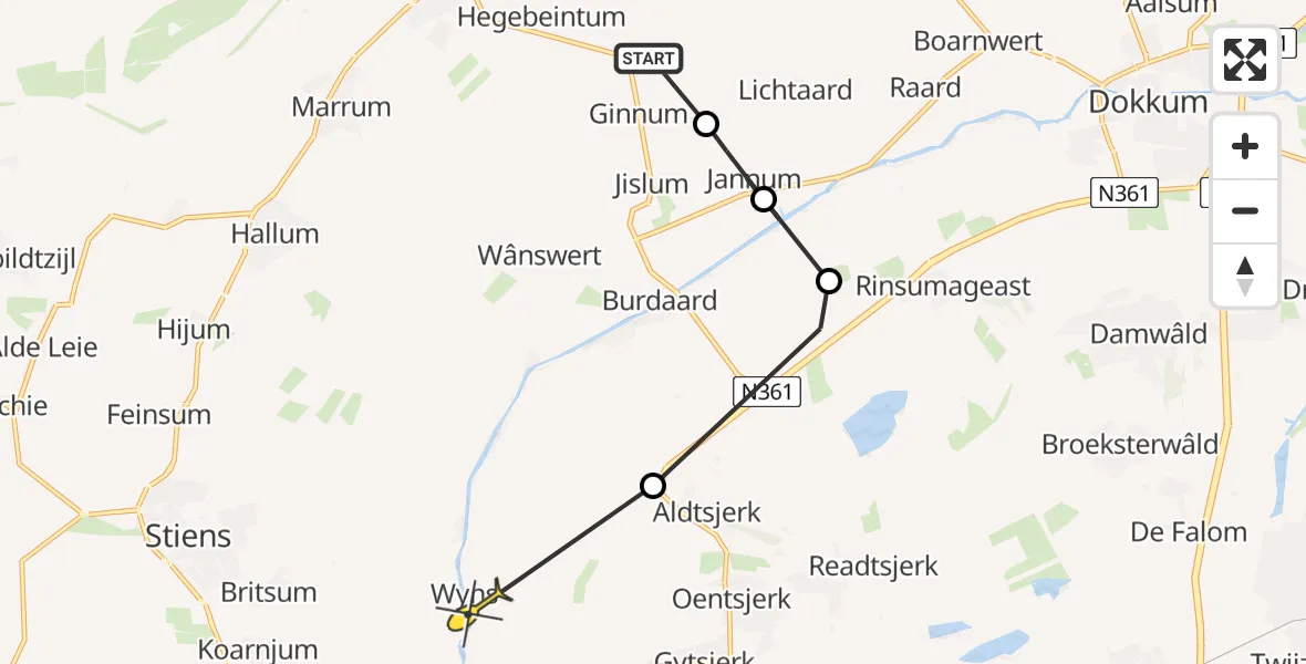 Routekaart van de vlucht: Ambulanceheli naar Wyns