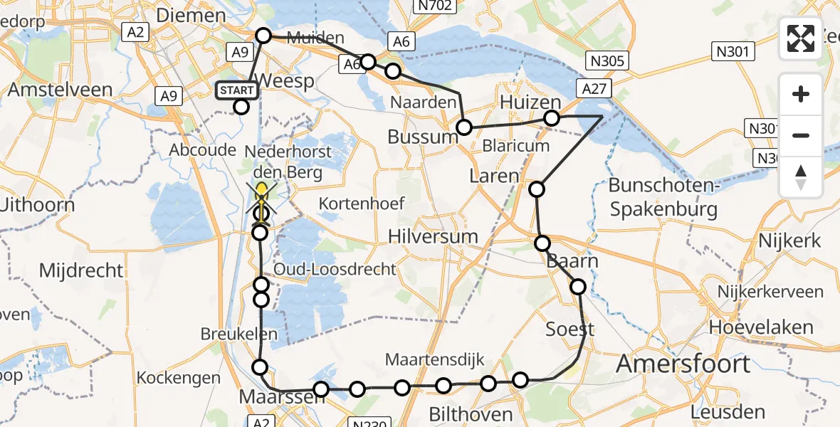 Routekaart van de vlucht: Politiehelikopter naar Loenen aan de Vecht