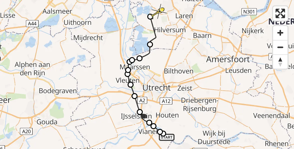 Routekaart van de vlucht: Politieheli naar Hilversum