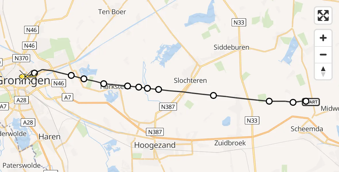 Routekaart van de vlucht: Lifeliner 4 naar Universitair Medisch Centrum Groningen