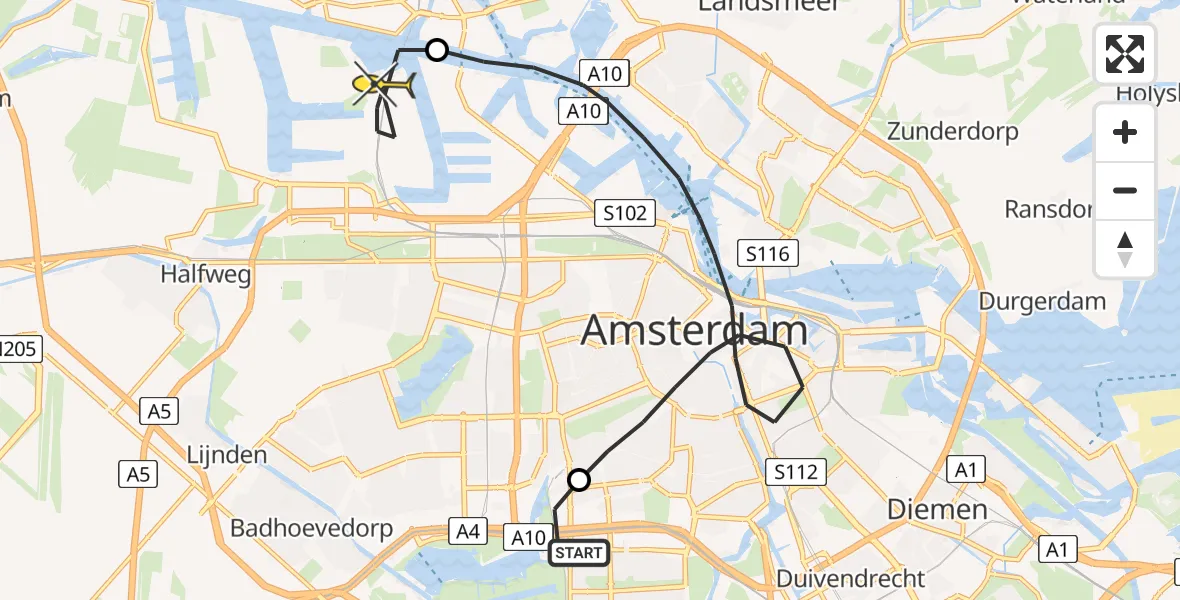 Routekaart van de vlucht: Traumahelikopter naar Amsterdam Heliport
