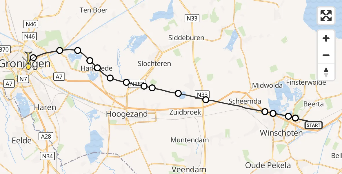 Routekaart van de vlucht: Lifeliner 4 naar Universitair Medisch Centrum Groningen