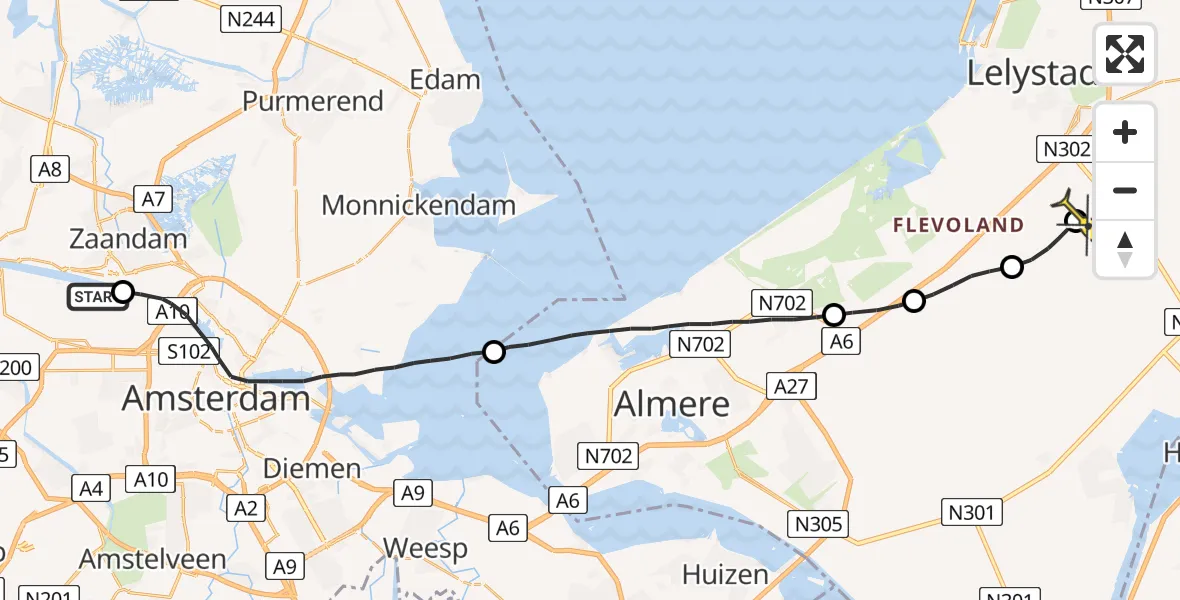 Routekaart van de vlucht: Traumaheli naar Lelystad Airport