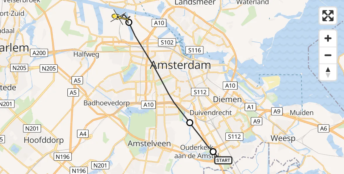 Routekaart van de vlucht: Lifeliner 1 naar Amsterdam Heliport