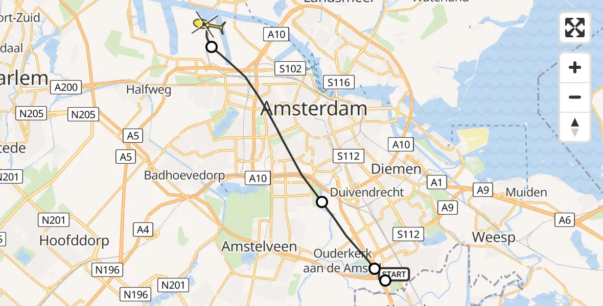 Routekaart van de vlucht: Lifeliner 1 naar Amsterdam Heliport