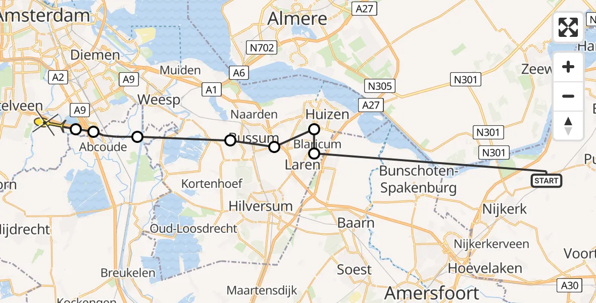 Routekaart van de vlucht: Politiehelikopter naar Ouderkerk aan de Amstel