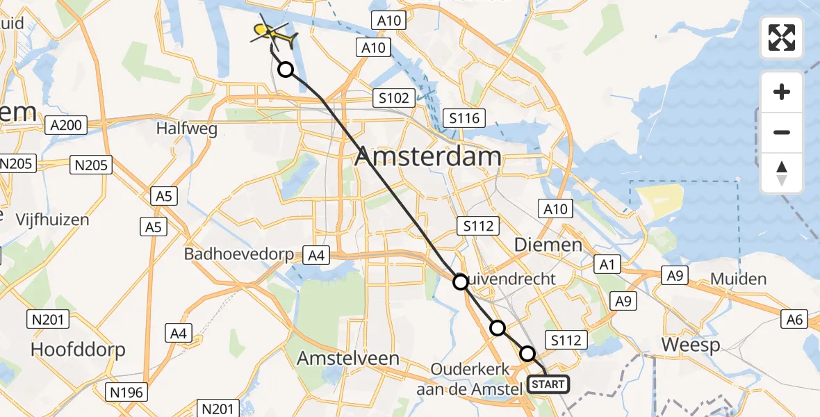 Routekaart van de vlucht: Lifeliner 1 naar Amsterdam Heliport