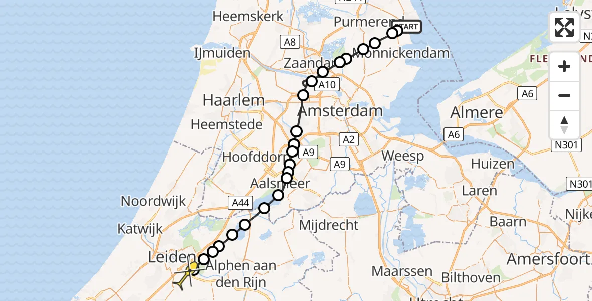 Routekaart van de vlucht: Lifeliner 1 naar Zoeterwoude