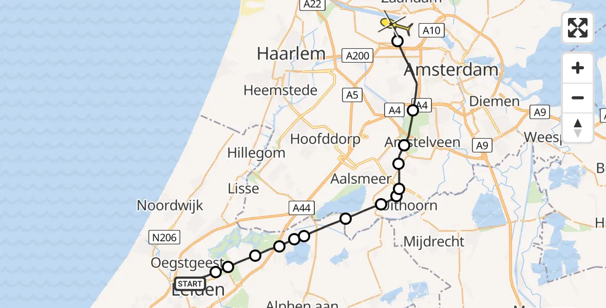 Routekaart van de vlucht: Lifeliner 1 naar Amsterdam Heliport