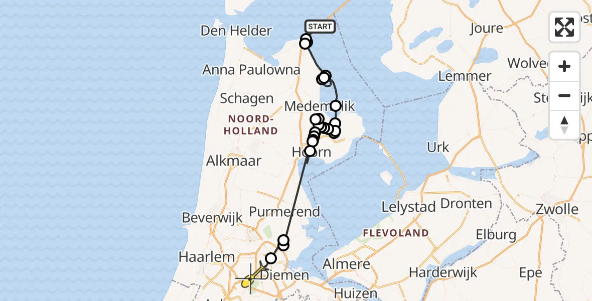 Routekaart van de vlucht: Politieheli naar Amsterdam