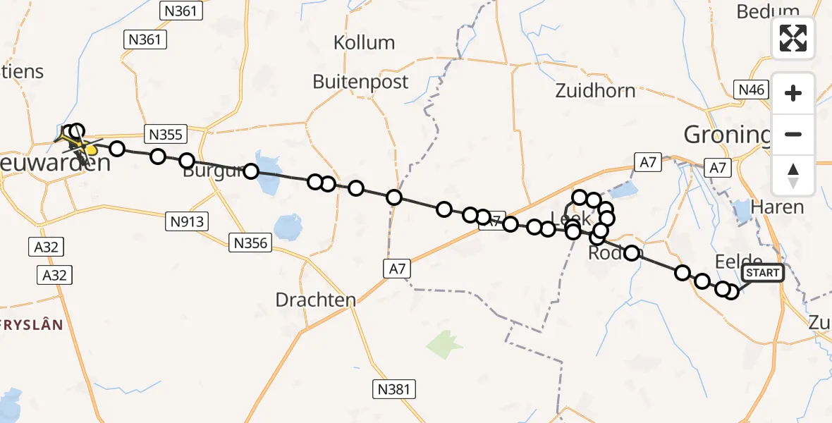 Routekaart van de vlucht: Lifeliner 4 naar Leeuwarden