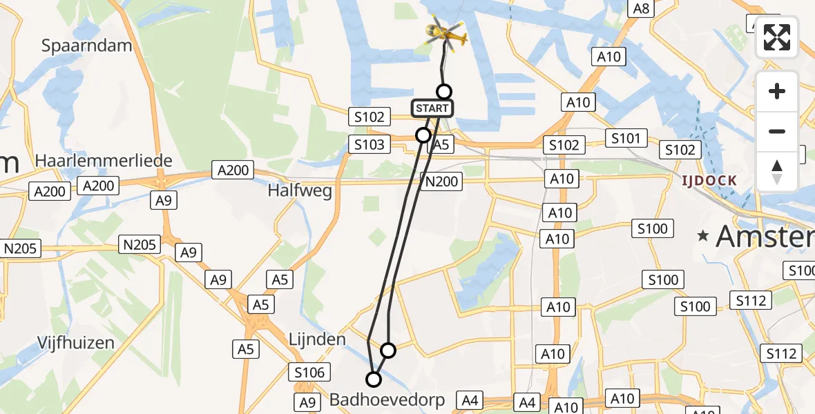 Vluchtroute Traumahelikopter Amsterdam Heliport - Amsterdam Heliport, 03 september 2023, 16:56