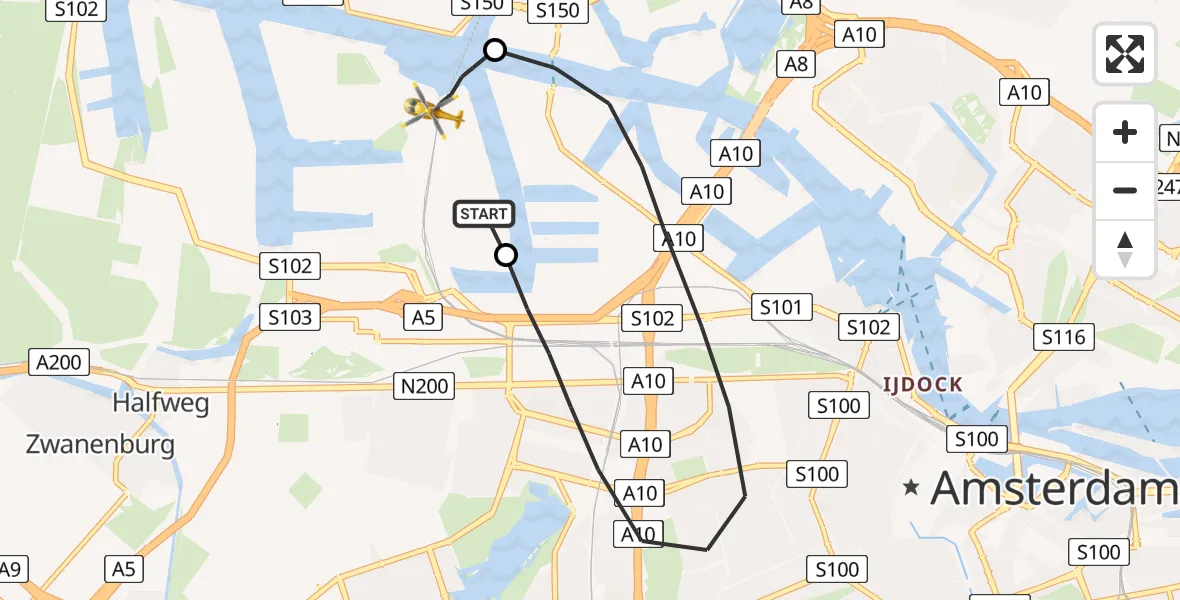 Vluchtroute Traumahelikopter Amsterdam Heliport - Amsterdam Heliport, 03 september 2023, 22:28