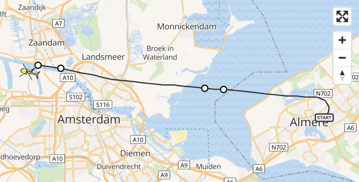 Routekaart van de vlucht: Lifeliner 1 naar Amsterdam Heliport