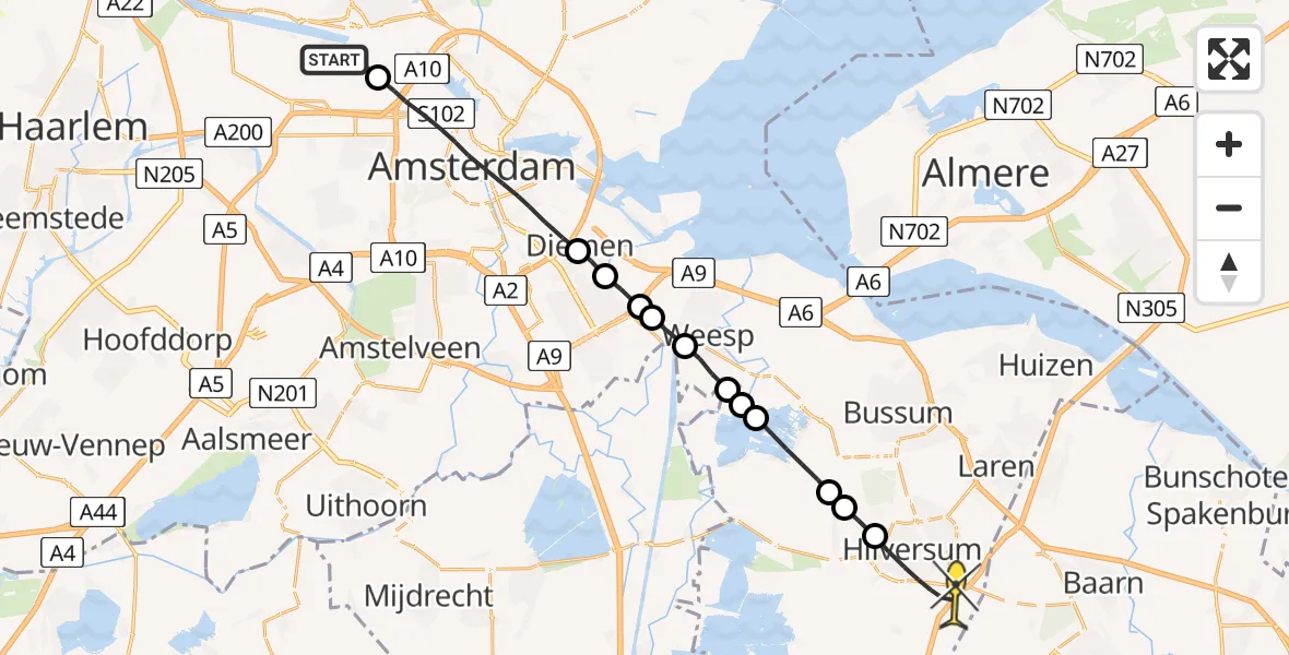 Routekaart van de vlucht: Lifeliner 1 naar Hilversum