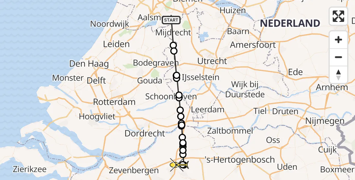 Routekaart van de vlucht: Politieheli naar Oosteind