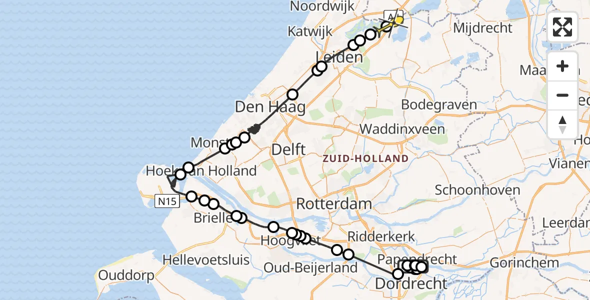 Routekaart van de vlucht: Politiehelikopter naar Nieuwe Wetering