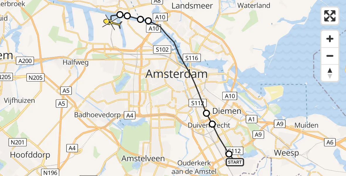 Routekaart van de vlucht: Lifeliner 1 naar Amsterdam Heliport