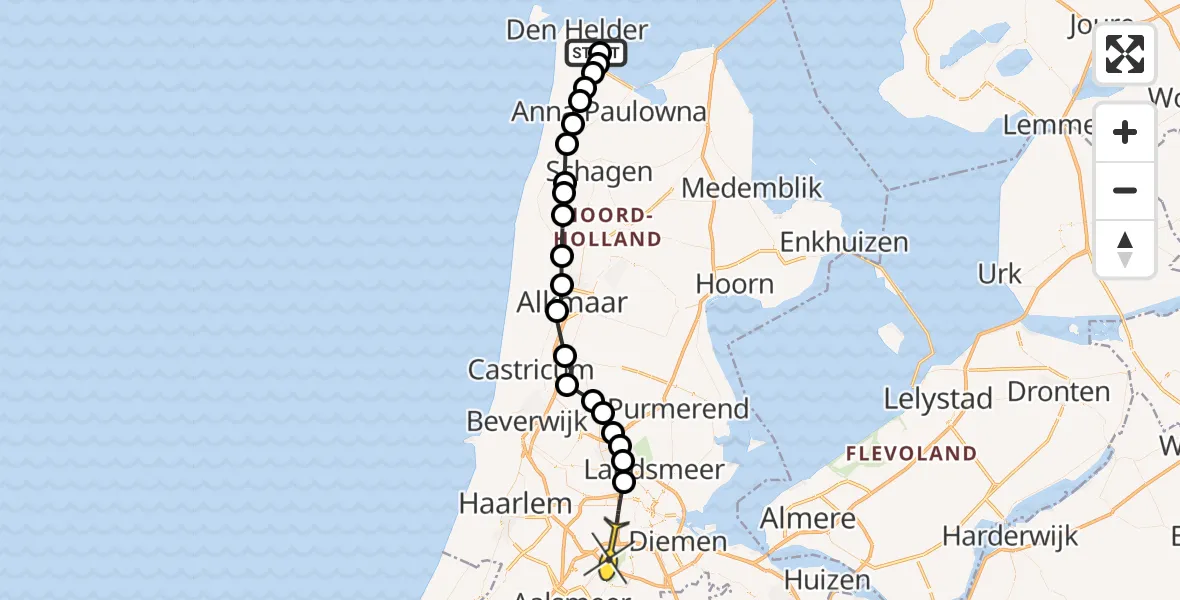 Routekaart van de vlucht: Politieheli naar Amsterdam