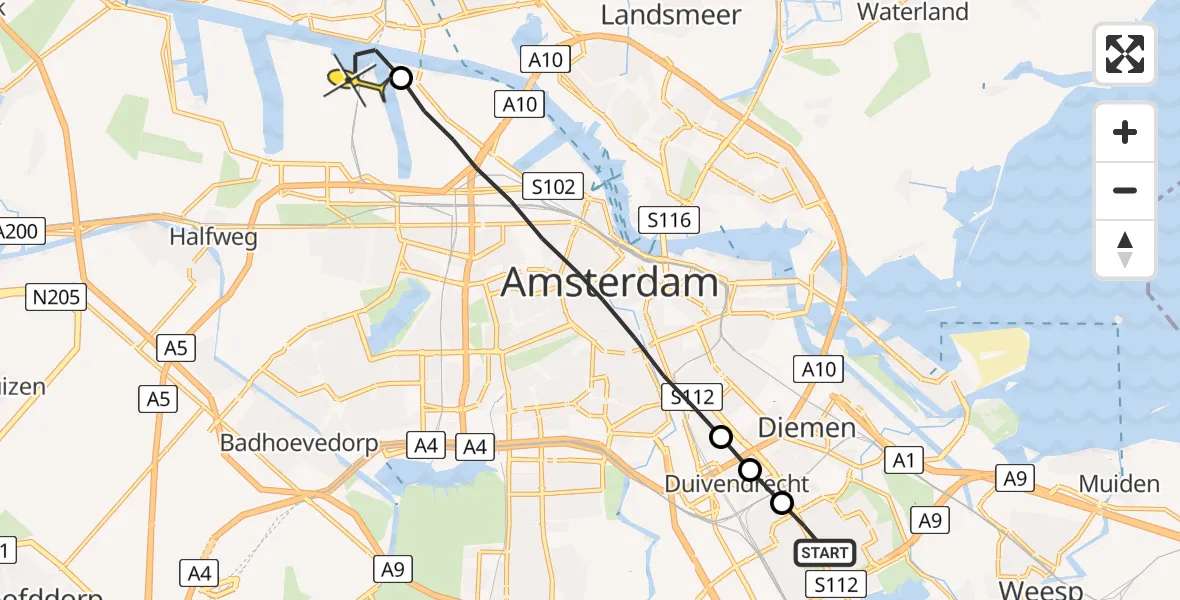 Routekaart van de vlucht: Lifeliner 1 naar Amsterdam Heliport