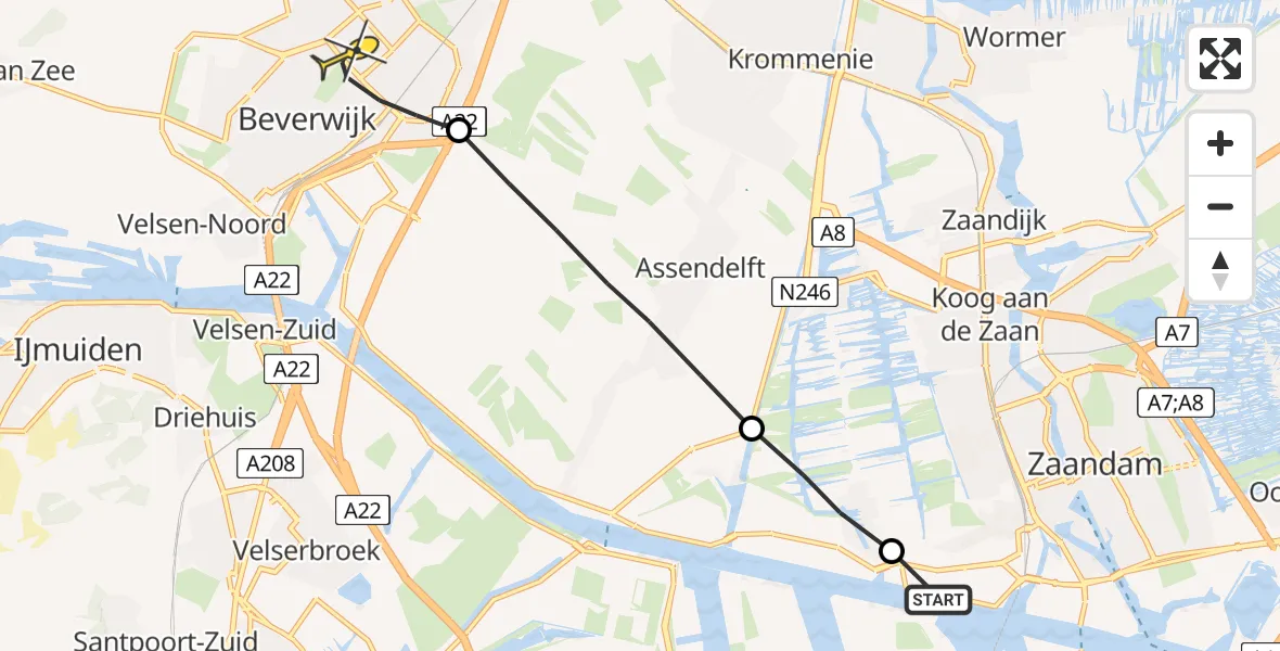 Routekaart van de vlucht: Lifeliner 1 naar Beverwijk