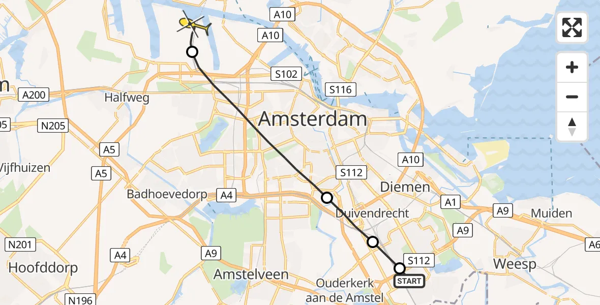 Routekaart van de vlucht: Lifeliner 1 naar Amsterdam Heliport