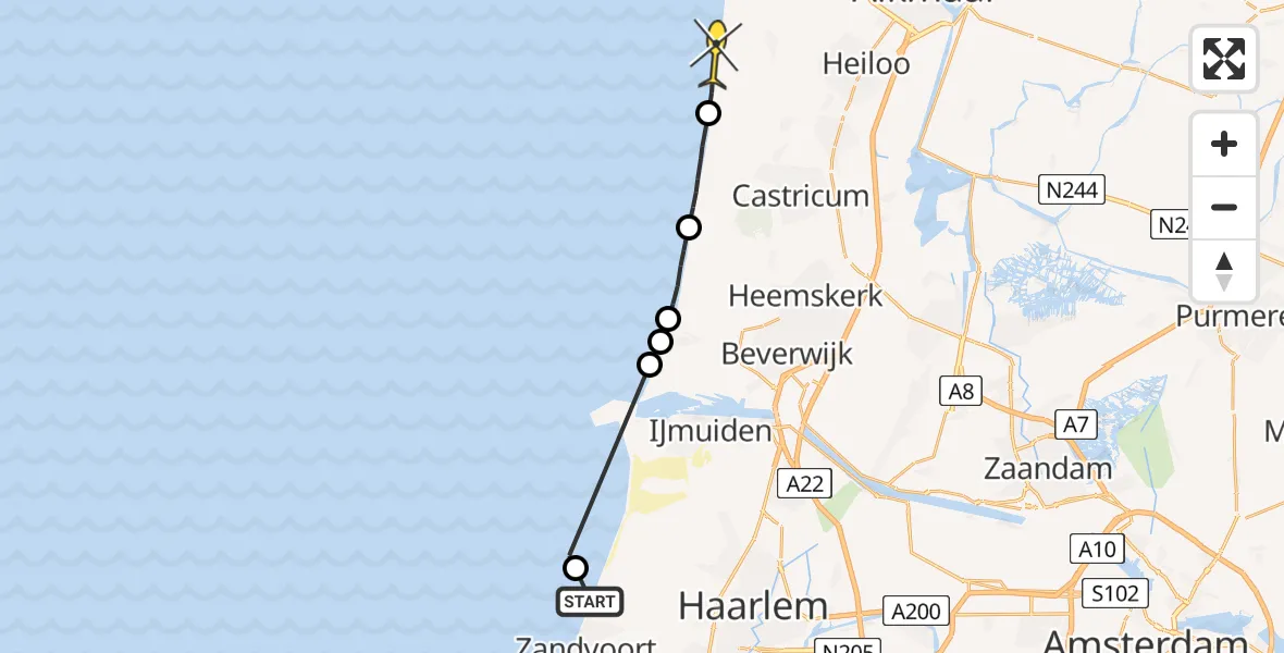Routekaart van de vlucht: Politiehelikopter naar Egmond-Binnen