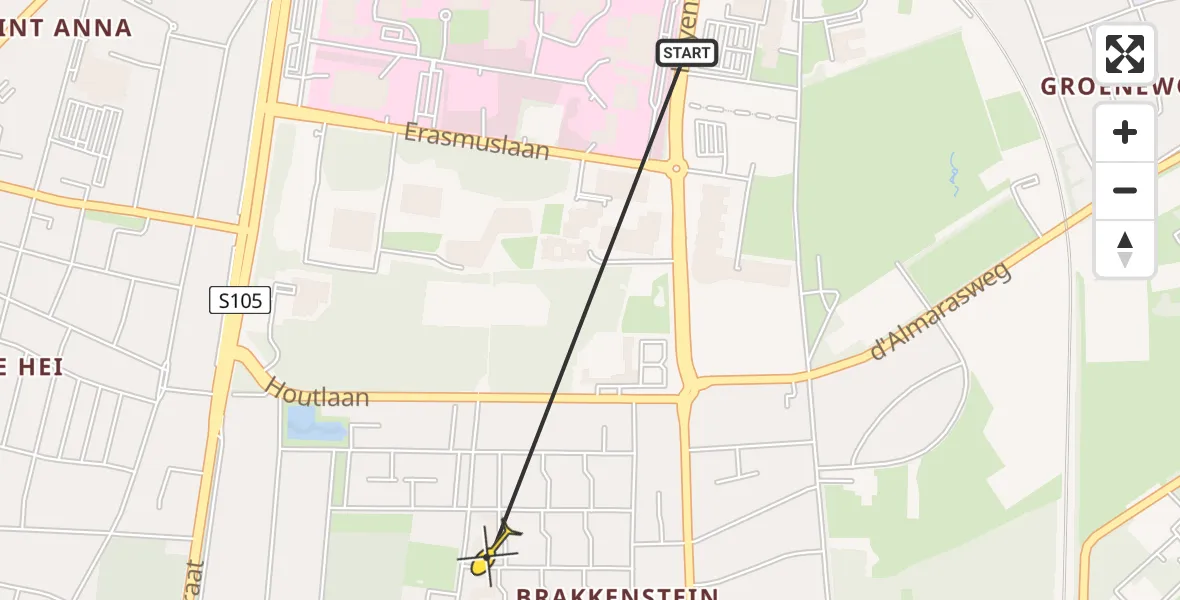 Vluchtroute Traumahelikopter van Radboud Universitair Medisch Centrum naar Radboud Universitair Medisch Centrum