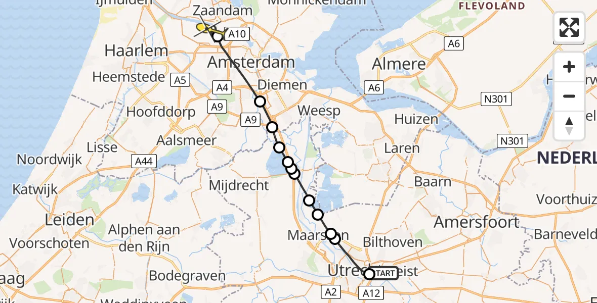 Routekaart van de vlucht: Lifeliner 1 naar Amsterdam Heliport