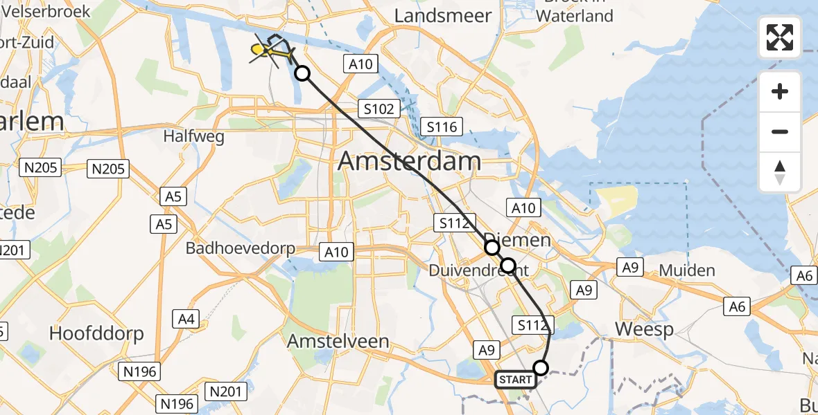 Routekaart van de vlucht: Lifeliner 1 naar Amsterdam Heliport